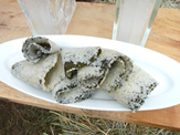 Vancouver Island Harvest lunch - Fairmont Empress Hotel: herring roe on giant kelp (Macrocystis pyrifera) blades.